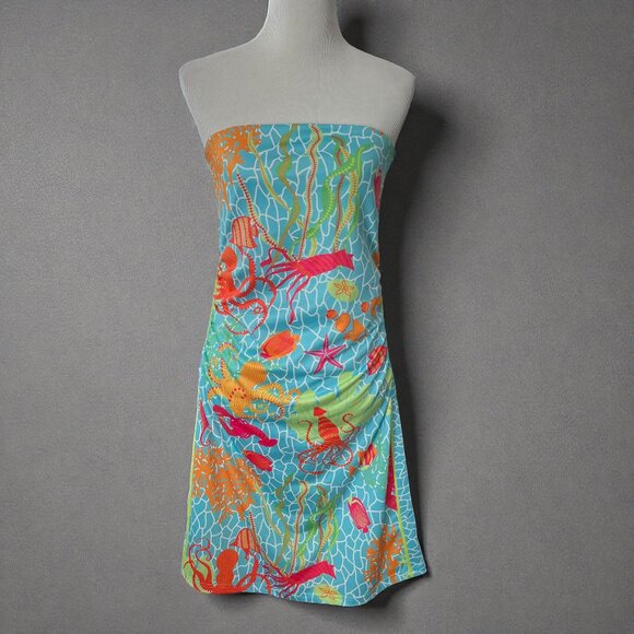 Gretchen Scott sea life strapless jersey dress ruched side M - Picture 1 of 6